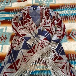 Fringe Knitted Jacquard Coat with Geometric Trail Print